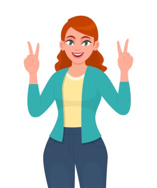 Zafer veya Ziyaretçi işareti gösteren mutlu genç bir kadın. Son moda gülümseyen kız el parmaklarıyla barış yapıyor. Kadın karakter tasarımı çizimi. Vektör karikatür biçiminde modern yaşam tarzı kavramı