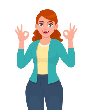 Modayı takip eden genç bir kadın iyiye işaret gösteriyor. Gülümseyen kız tamam diyor ya da el parmaklarıyla güzel bir jest yapıyor. Kadın karakter tasarımı çizimi. İnsan duyguları, vektör karikatür tarzında modern yaşam tarzı kavramı