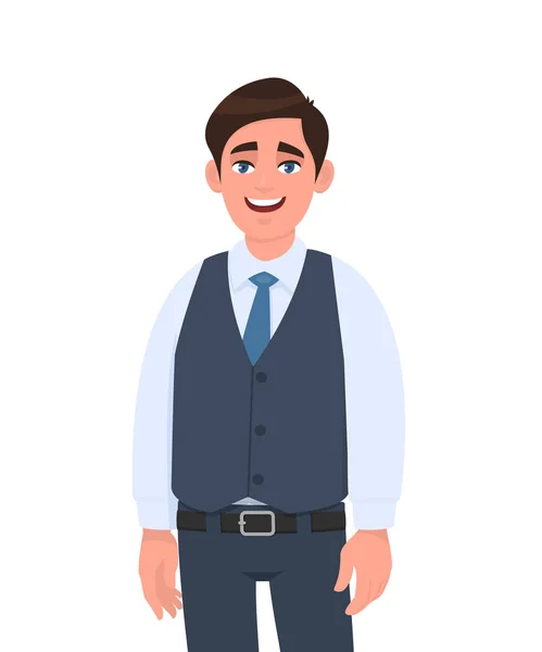 Portré boldog fiatal üzletember formális mellényben álló fehér háttér. Férfi karakter design illusztráció. Emberi érzelmek, arckifejezések, érzések koncepció vektor rajzfilm. — Stock Vector