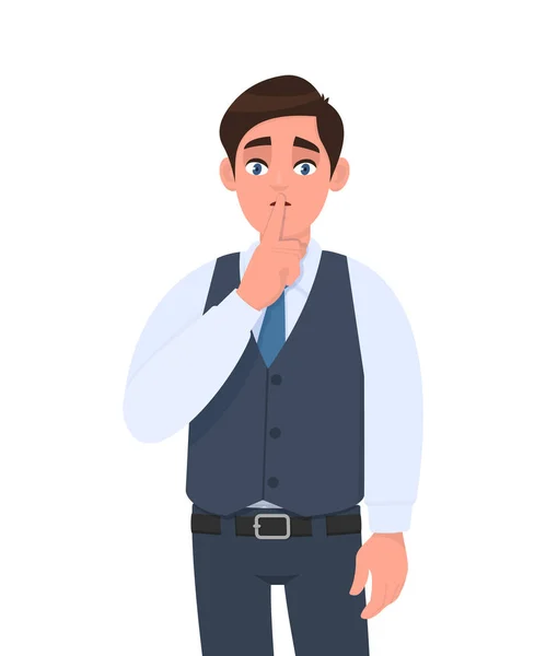 Jeune homme en gilet officiel demandant le silence. Chut ! Tais toi. Silence ! Illustration de personnage masculin. Émotions humaines, expressions faciales, mode de vie moderne, concept de dessin animé vectoriel . — Image vectorielle