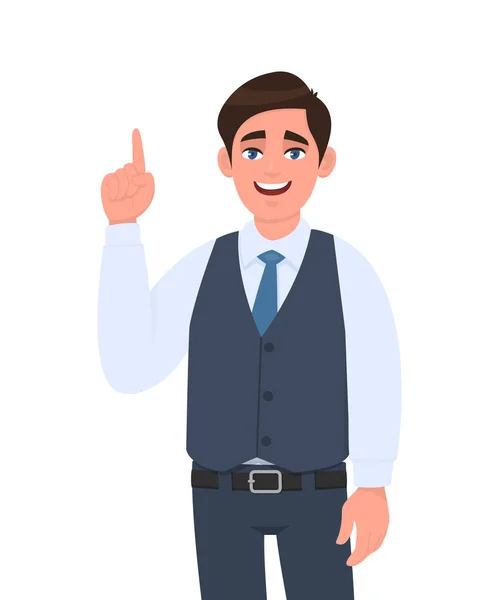 Heureux jeune homme d'affaires en gilet formel pointant index vers le haut. Illustration de personnage masculin. Style de vie moderne, émotions humaines, concept d'expressions faciales dans le style de dessin animé vectoriel . — Image vectorielle