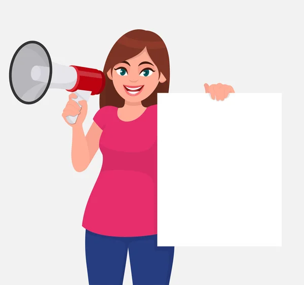 Young woman holding a megaphone or loudspeaker in hand. Girl showing blank white paper, empty poster or banner. Female character design illustration. Modern lifestyle concept in cartoon style. — 스톡 벡터