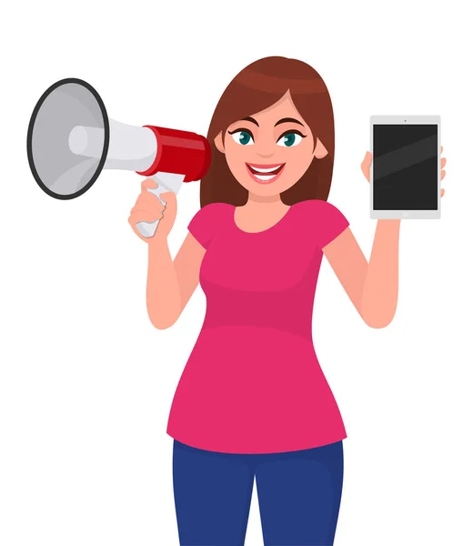 Young woman holding a megaphone or loudspeaker in hand. Girl showing blank screen tablet computer. Female character design illustration. Modern lifestyle, technology, digital device and gadget concept — 스톡 벡터