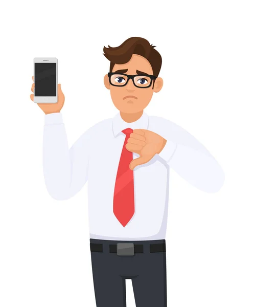 Mutsuz iş adamı yeni marka, son model akıllı telefon gösteriyor. Cep telefonu tutan, elinde cep telefonu olan, el kol hareketi yapan, işaret veren bir adam. Negatif, kötü, sevilmeyen, modern yaşam tarzı, dijital teknoloji. — Stok Vektör
