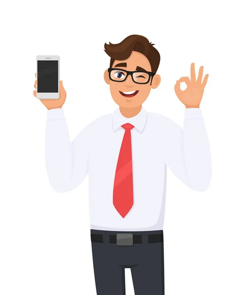 Business man showing, holding new brand, latest smartphone, cell, mobile phone and gesturing, making okay, OK sign while winking eye. Modern lifestyle, digital technology device gadget in cartoon. — 스톡 벡터