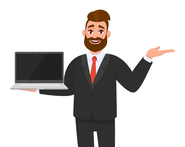Happy business man in formal wear (suit) holding or showing blank screen of a laptop computer and pointing, presenting something hand palm to copy space. Modern lifestyle, technology device, gadget. — Stock Vector