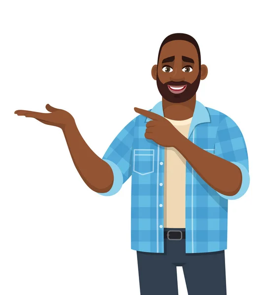 Mutlu genç Afrikalı Amerikalı adam el hareketi yapıyor. Tarz sahibi insan mekanı kopyalamak için işaret ediyor. Erkek karakter tasarımı çizimi. Çeşitli insanlar. Vektör karikatüründe modern yaşam tarzı kavramı.
