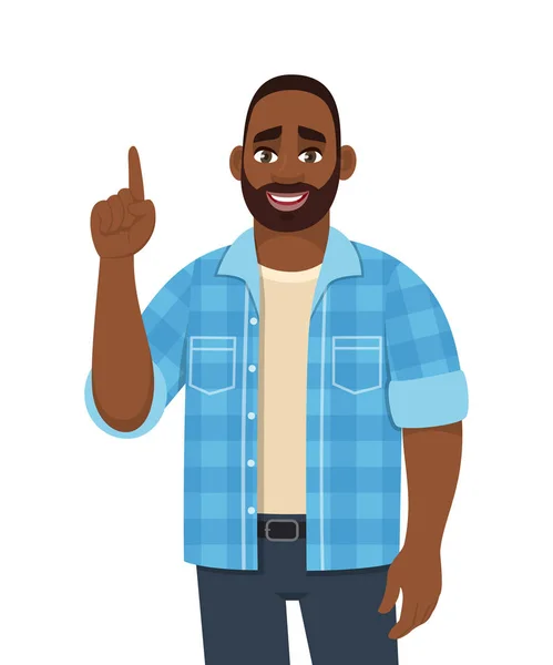 Young African man pointing finger up. Stylish person gesturing hand to copy space. Male character design illustration. Diverse people. Idea, solution, modern lifestyle concept in vector cartoon. — Stock Vector