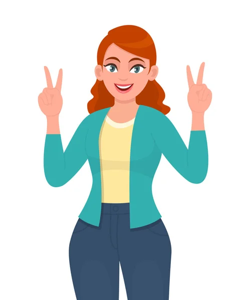 Jovencita feliz mostrando victoria o signo V. Chica sonriente de moda haciendo la paz o dos gestos con los dedos de la mano. Ilustración del diseño del personaje femenino. Concepto de estilo de vida moderno en el estilo de dibujos animados vector — Vector de stock