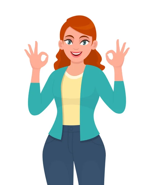 Trendige junge Frau zeigt Okay Zeichen. lächelndes Mädchen, das ok oder coole Geste mit den Fingern macht. Illustration des weiblichen Charakterdesigns. menschliche Emotion, modernes Lifestylekonzept im Vektor-Cartoon-Stil — Stockvektor