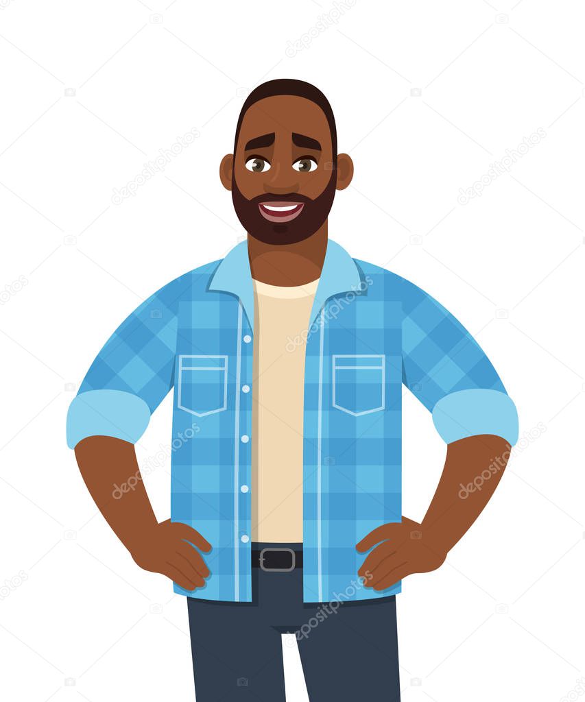 Trendy young African American man standing and holding hands on hip. Stylish person looking in casual checked shirt. Male character design illustration. Modern lifestyle concept in vector cartoon.