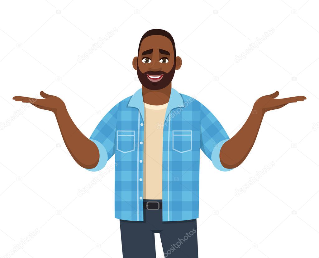 Smiling African American man presenting hands gesture. Stylish person spreading hands to copy space. Male character design illustration. Diverse people. Modern lifestyle concept in vector cartoon.