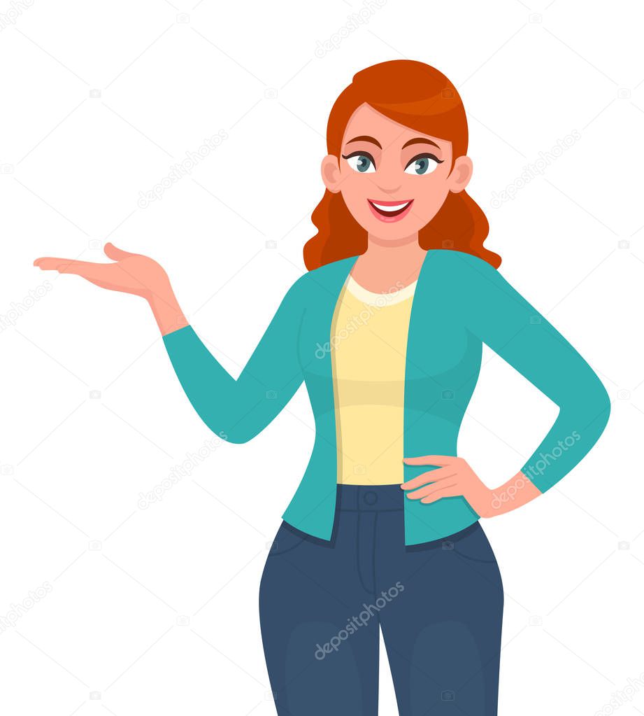 Trendy young woman presenting hand to copy space. Stylish girl pointing hand to introduce something. Female character illustration design. Modern lifestyle concept in vector cartoon style.