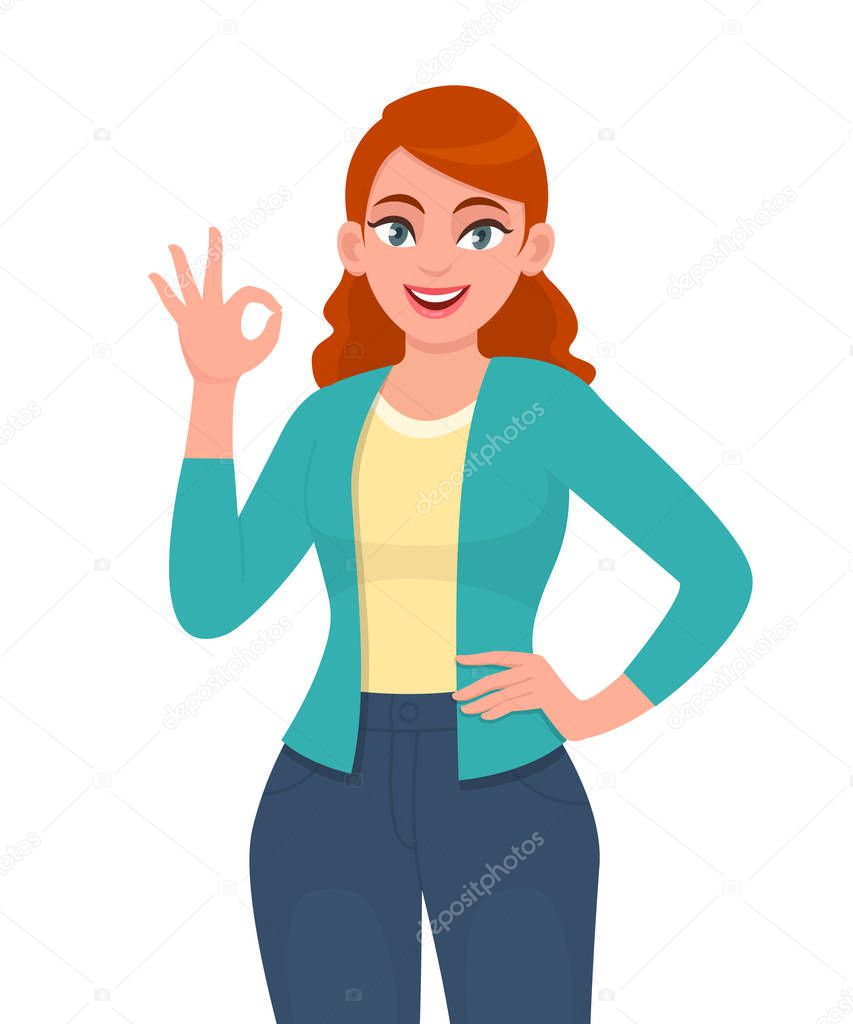 Happy young woman showing okay sign. Trendy smiling girl making OK or cool gesture with hand fingers. Female character design illustration. Modern lifestyle concept in vector cartoon style