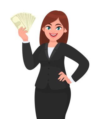 Nakit para, para, para, para ya da banknot gösteren ve el ele tutuşan genç bir iş kadını. Modern yaşam tarzı, iş ve finans konsepti çizim biçimi.