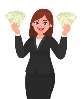 Başarılı genç iş kadını elinde nakit, para, dolar, para ya da banknot tutuyor. Modern yaşam tarzı, iş ve finans konsepti çizim biçimi.