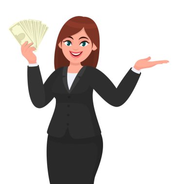 Nakit, para, dolar, para gösteren, el işaretli, el hareketi yapan ya da avuç içini kopyalayan genç bir iş kadını. Çizgi filmdeki modern yaşam tarzı, iş ve finans.