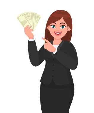 Nakit, para, dolar, para gösteren ve işaret eden el hareketleriyle işaret eden mutlu iş kadını. Modern yaşam tarzı, iş hayatı, bankacılık, karikatür tarzında finans konsepti çizimi.
