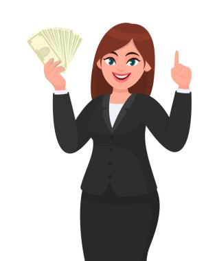 Güzel genç bir iş kadını elinde bir deste para, para, dolar, para, banknotlar elinde ve işaret parmağıyla fotokopi alanını işaret ediyor. Çizgi filmdeki modern yaşam tarzı illüstrasyonu.