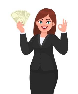 Mutlu iş kadını, elinde bir deste para, dolar, para, para, banknotlar elinde ve el hareketleriyle tamam işareti yapıyor. Modern yaşam tarzı, iş ve finans, çizgi filmdeki bankacılık kavramı.
