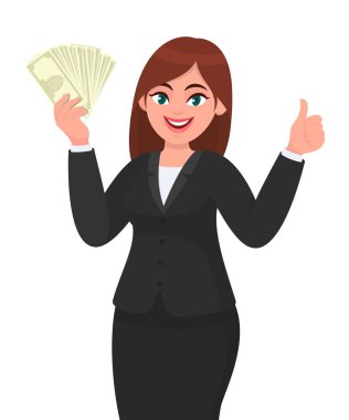 Genç iş kadını bir sürü para, para, dolar, para, banknot gösteriyor ve el hareketleriyle işaret veriyor. Modern yaşam tarzı, iş ve finans, çizgi filmdeki bankacılık kavramı.