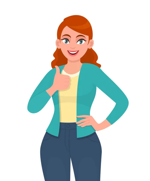 Modayı takip eden genç bir kadın işaret veriyor. Güzel bir genç kız iyi ya da başarılı bir jest yapıyor. Kadın karakter tasarımı çizimi. Duygular, vektör karikatür tarzında modern yaşam tarzı kavramı.