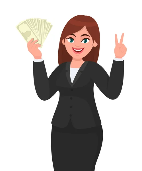 Bizneswoman pokazuje, trzymając kupę pieniędzy, gotówki, dolara, waluty, banknotów w ręku i gestykulując, czyniąc zwycięstwo, V, pokój lub dwa znaki z palców dłoni. Nowoczesny styl życia w kreskówce. — Wektor stockowy