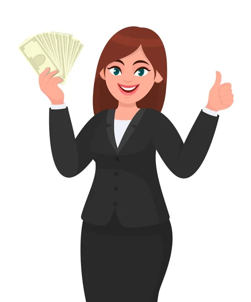 Молодая деловая женщина показывает / держит кучу денег, наличные, доллар, валюту, банкноты в руке и жесты, делая большие пальцы вверх знак. Современный образ жизни, бизнес и финансы, банковская концепция в мультфильме . — стоковый вектор