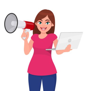 Elinde bir megafon ya da hoparlör tutan genç bir kadın. Dijital dizüstü bilgisayar tutan kız. Kadın karakter tasarımı çizimi. Modern yaşam tarzı, vektör karikatür biçiminde teknolojik aygıt kavramı.