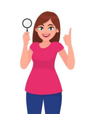 Elinde büyüteç tutan genç bir kadın. İşaret parmağını gösteren bir kız. Kadın karakter tasarımı çizimi. İnsan duyguları, yüz ifadeleri, vektör karikatür stilinde duygu konsepti çizimi.