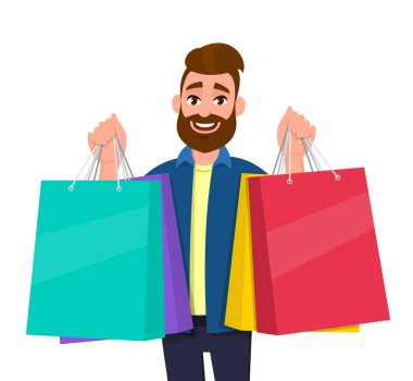 Alışveriş torbaları tutan neşeli genç adam. Renkli çantalar taşıyan erkek karakter. Modern yaşam tarzı, dijital teknoloji, vektör karikatür tarzında yeni satın alma konsepti çizimi.