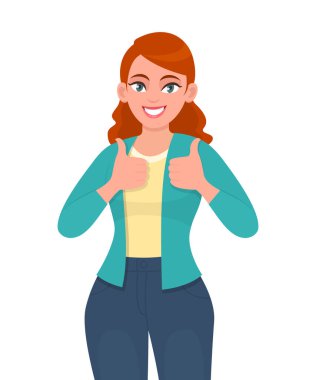 Successful young woman showing thumbs up sign. Trendy teenage girl making like, good or success gesture. Female character design illustration. Human emotions & expressions concept in vector cartoon.
