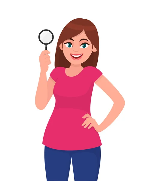 Young Woman Girl Holding Magnifying Glass Hand Person Showing Magnifier — Stock Vector