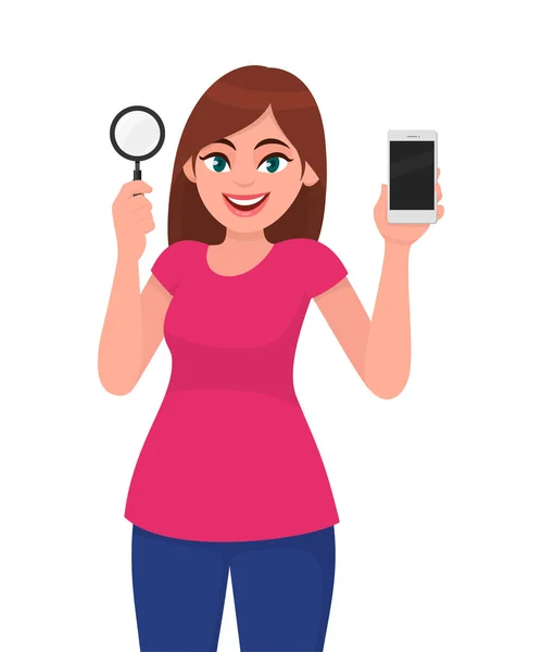 Young Woman Holding Magnifying Glass Girl Showing New Digital Mobile — Stock Vector