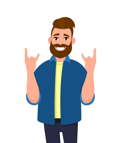 Hipster Young Man Gesturing Doing Making Rock Roll Symbol Sign — Stock Vector