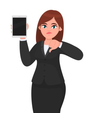 Mutsuz genç iş kadını yepyeni bir dijital tablet bilgisayar gösteriyor ya da tutuyor ve baş parmak işareti yapıyor. Kadın karakter tasarımı çizimi. Modern yaşam tarzı, teknoloji.