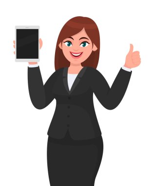 Neşeli genç iş kadını yepyeni bir dijital tablet bilgisayar gösteriyor ya da tutuyor ve işaret işareti yapıyor. Kadın karakter tasarımı çizimi. Modern yaşam tarzı, teknoloji kavramı.
