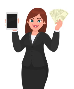 Genç iş kadını yeni bir dijital tablet bilgisayar gösteriyor. Elinde nakit, para ve banknot tutan kişi. Kadın karakter tasarımı çizimi. Vektör karikatür biçiminde modern yaşam tarzı kavramı.