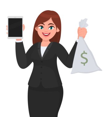 Tablet bilgisayar, para ya da para çantası gösteren genç bir iş kadını. Elinde dijital cihaz ve para kesesi tutan kişi. Kadın karakter tasarımı çizimi. Modern yaşam tarzı, teknoloji.