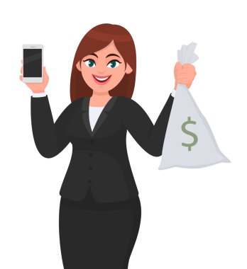 Akıllı telefon, para ya da para çantası gösteren genç bir iş kadını. Elinde dijital cihaz ve para kesesi tutan kişi. Kadın karakter tasarımı çizimi. Modern yaşam tarzı, teknoloji.