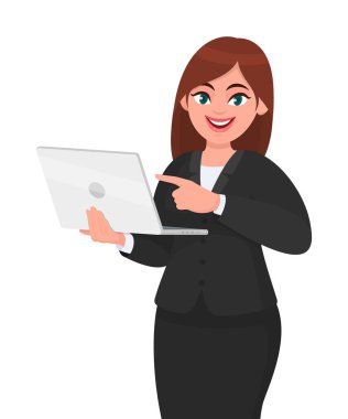 Genç iş kadını elinde yeni bir dizüstü bilgisayar ve işaret parmağı tutuyor. Kadın karakter tasarımı çizimi. Modern yaşam tarzı, aygıt, vektör karikatür düz stil teknoloji konsepti.