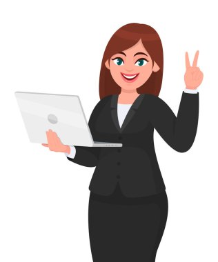 Genç iş kadını elinde yeni bir dizüstü bilgisayar tutuyor ve zafer, v, barış işareti gösteriyor. Kadın karakter tasarımı çizimi. Modern yaşam tarzı, aygıt, vektör karikatürdeki teknoloji.