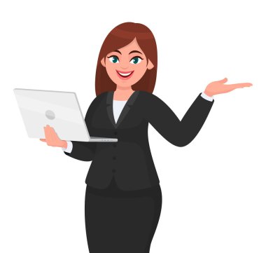 Genç iş kadını elinde yeni bir dizüstü bilgisayar tutuyor ve onu kopyalamak için elini uzaya uzatıyor. Kadın karakter tasarımı çizimi. Modern yaşam tarzı, aygıt, çizgi filmdeki aygıt konsepti.