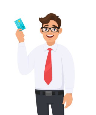 Resmi olarak kırmızı kravatlı genç işadamı kredi kartı tutuyor ya da kredi kartı gösteriyor. Erkek karakter tasarımı çizimi. Vektör karikatür biçiminde modern yaşam tarzı kavramı.