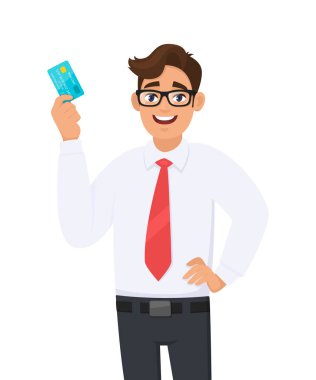Resmi olarak kırmızı kravat takan ya da kredi kartı gösteren genç bir iş adamı. Erkek karakter tasarımı çizimi. Vektör karikatür biçiminde modern yaşam tarzı kavramı.