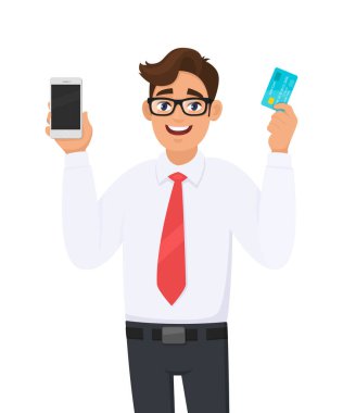Genç işadamı elinde yeni bir dijital akıllı telefon (cep telefonu, cep telefonu), banka hesabı, kredi kartı ve ATM kartı tutuyor. Erkek karakter tasarımı çizimi. Vektör karikatüründe modern yaşam tarzı kavramı.
