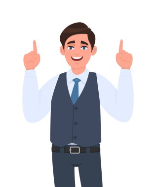 Resmi yelek giymiş genç ve mutlu bir iş adamı işaret ediyor. Erkek karakter tasarımı çizimi. Modern yaşam tarzı, insan duyguları, vektör karikatür stilinde yüz ifadeleri kavramı.