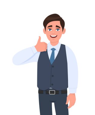 Young businessman in waistcoat showing thumb up gesture. Person making symbol of like, agree or good sign. Male character design illustration. Human emotions/expressions concept in vector cartoon.