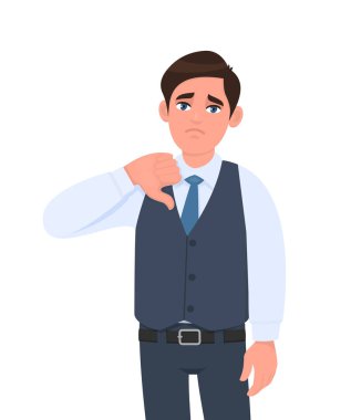Çelik yelekli mutsuz genç işadamı baş parmak hareketi gösteriyor. Hoşlanmamanın ya da kötüye işaretin sembolünü yapan kişi. Erkek karakter tasarımı çizimi. Vektör karikatürdeki insan duyguları ve ifadeleri.