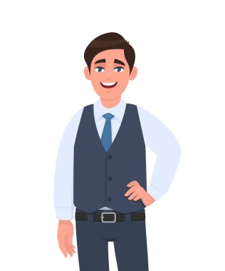 Ayakta duran ve eli kalçasında poz veren genç iş adamının portresi. Resmi yelek giyen biri. Erkek karakter tasarımı çizimi. İnsan duyguları, vektör karikatüründeki yüz ifadeleri kavramı.